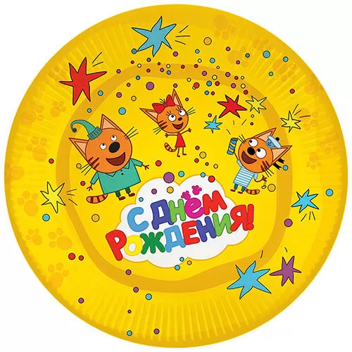 Тарелки одноразовые Три кота желтые