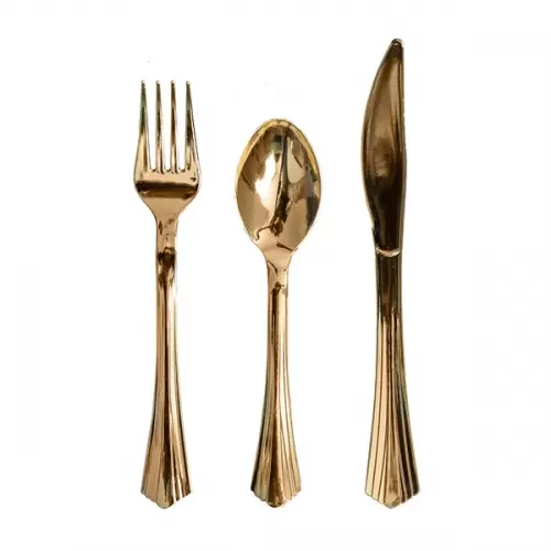 Золотые одноразовые столовые приборы (3х6 шт.) Золотые одноразовые столовые приборы (3х6 шт.)